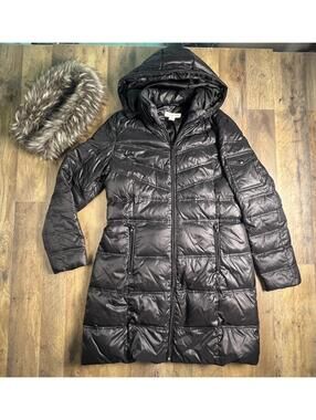 Coldwater Creek Quilted Down Puffer Removable Faux Fur Hood Coat Black Medium